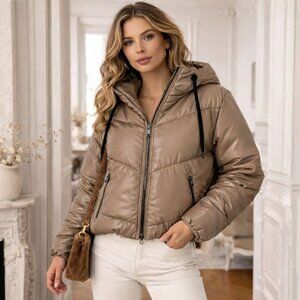 Daniela Cortez Eco Leather Puffer Jacket with Hood in Cognac